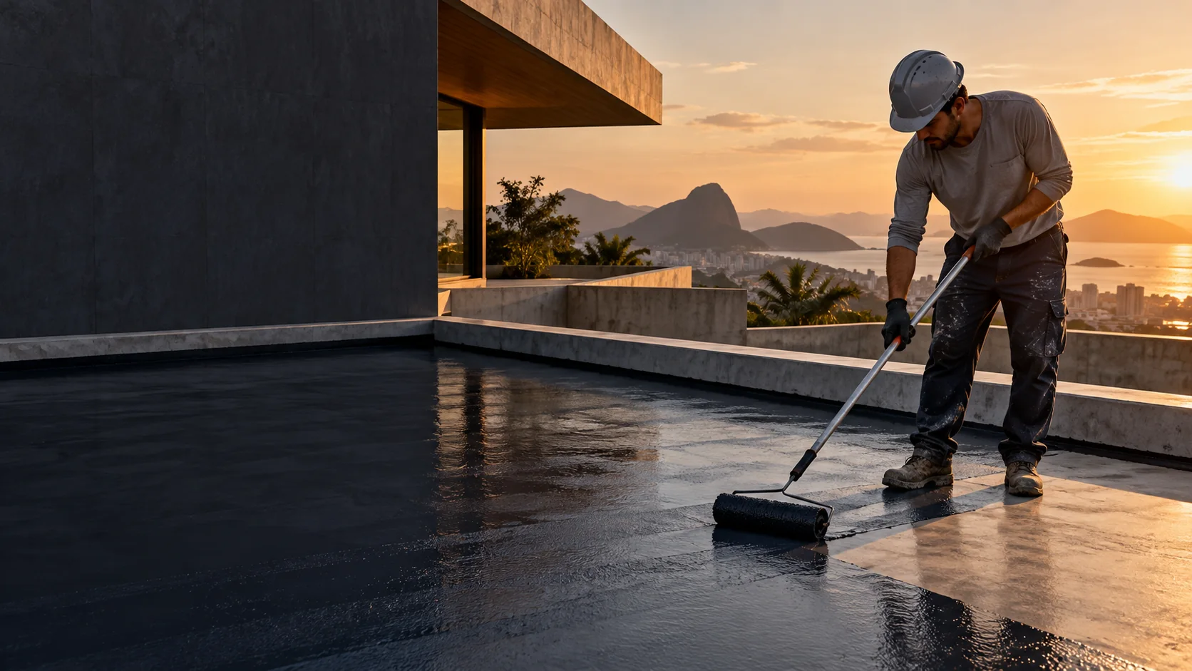 Profissional aplicando produto em uma laje